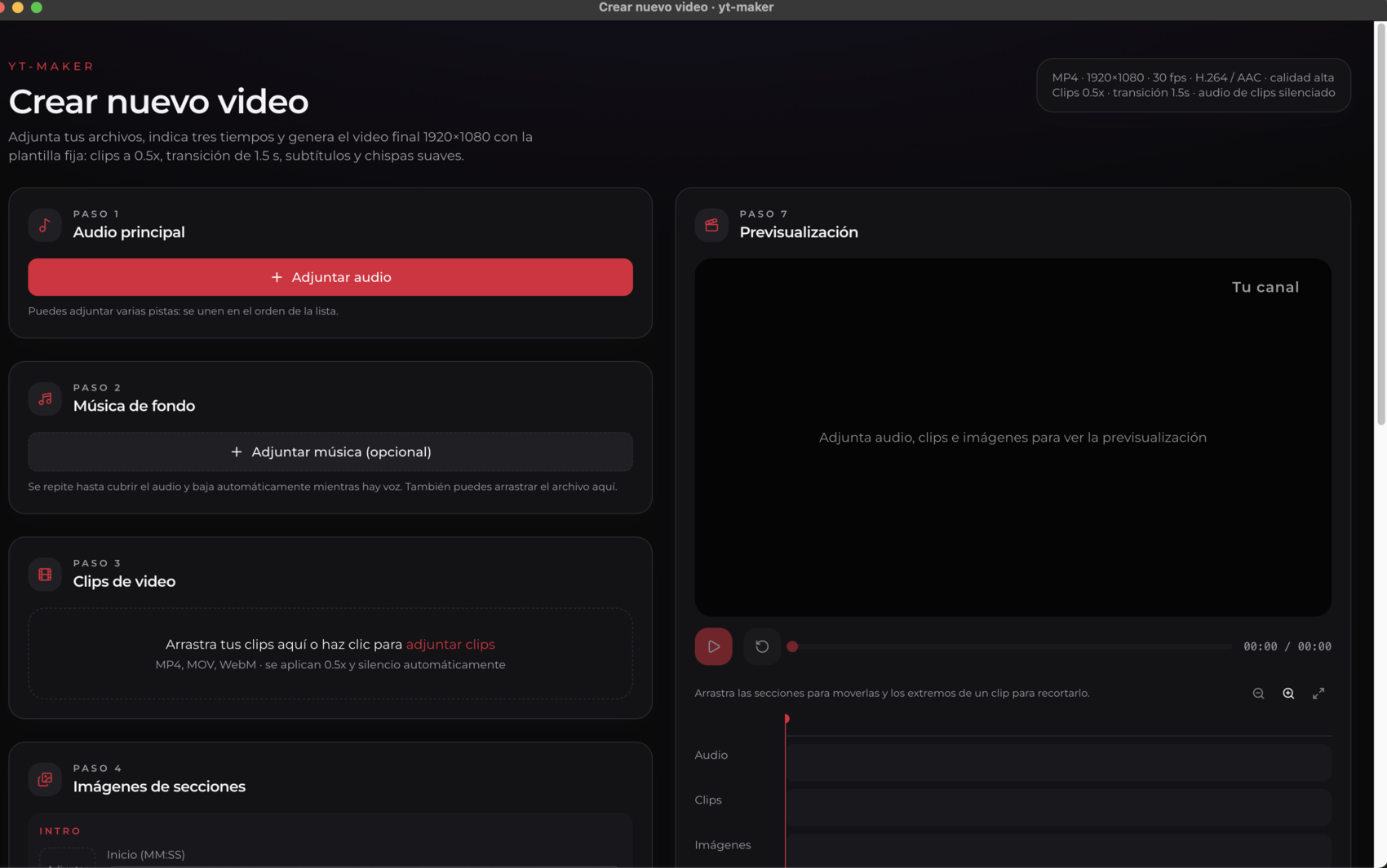 La ventana de yt-maker con los siete pasos y la previsualización del video